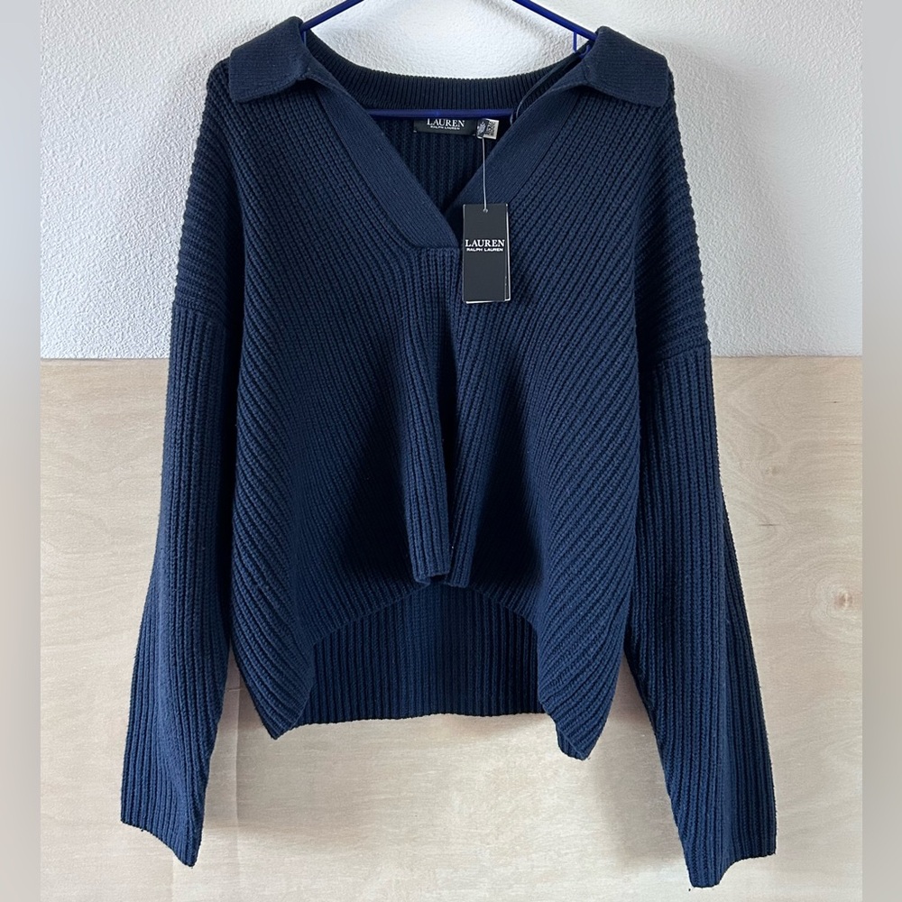 Lauren Ralph Lauren Wool-Blend Polo Sweater Navy Sz M NWT Preppy Dark Academia - Picture 2 of 13